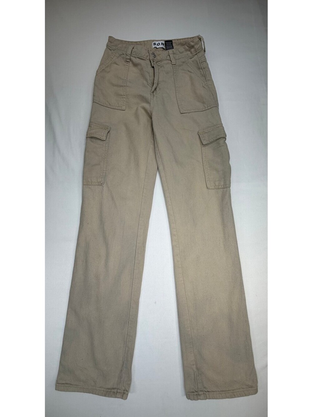 Song Women's Cargo Pants Denim 6-Pockets Low Rise Straight Leg Size 0/24 Beige